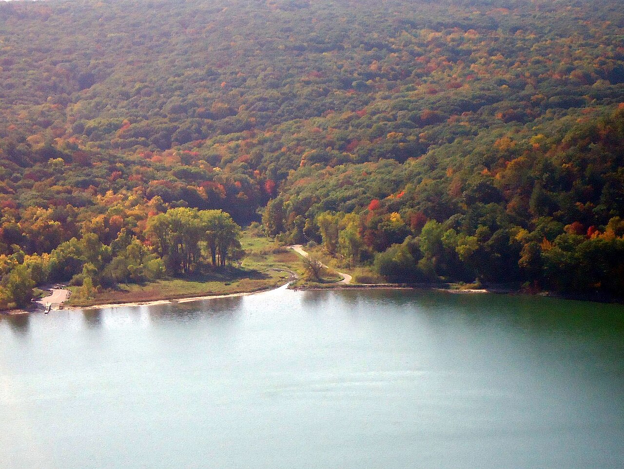Devil’s Lake and wooded shoreline viewed from above in September 2012