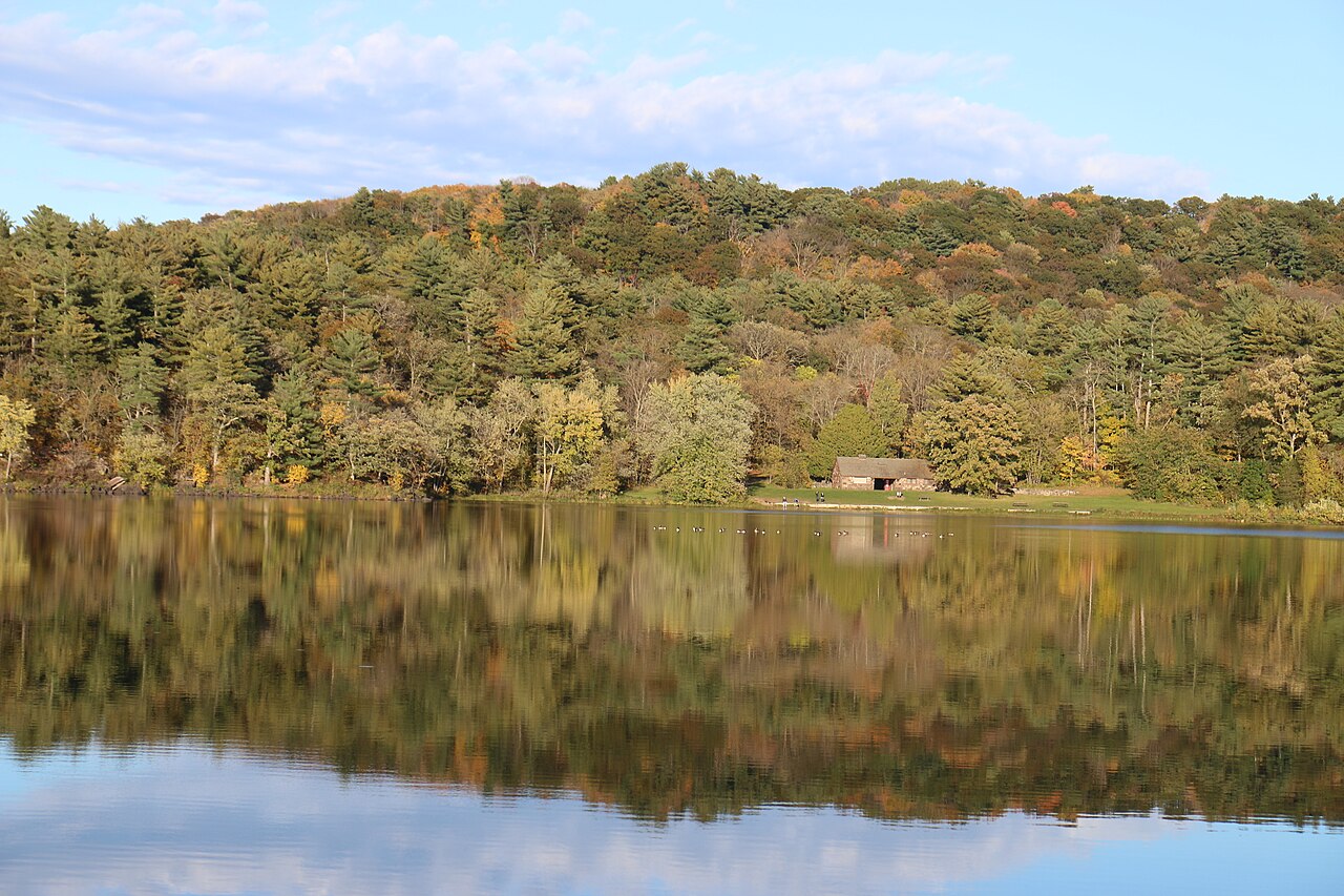 Trees reflected in Lake O’ the Dalles on the Wisconsin side of Interstate Park in October 2016